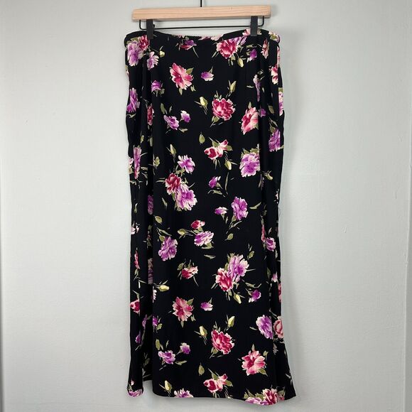 Vtg 90s Maxi Skirt XL Black Floral Straight Line Slit Cottage Granny Teacher Y2K - Picture 1 of 10